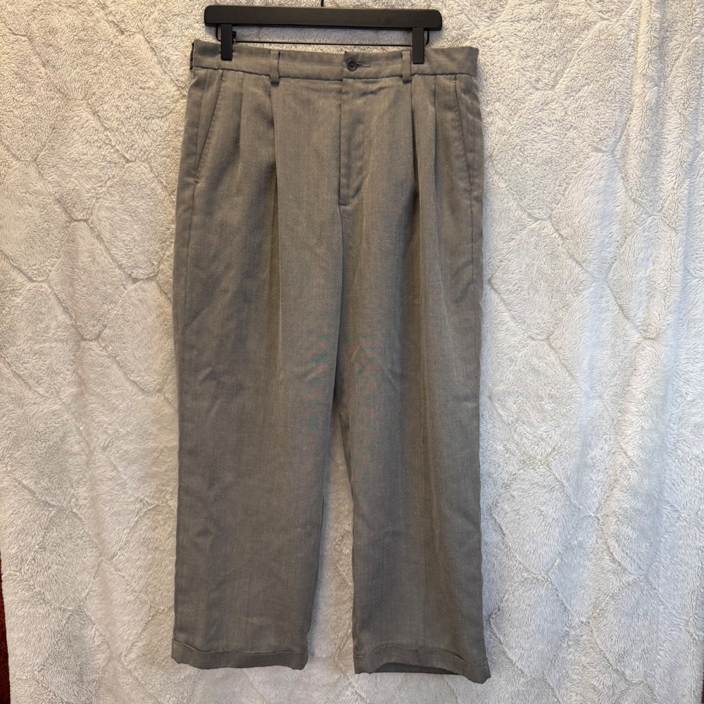 Perry Ellis Mens Dress Pants 34x32 Gray Pleated‎ Cuffed Career Office Trousers